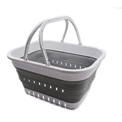 Image of SAMMART 19L Collapsible Tub with Handle Portable Outdoor Picnic Basket/Crater Foldable Shopping Bag Space Saving Storage Container (White/Grey)