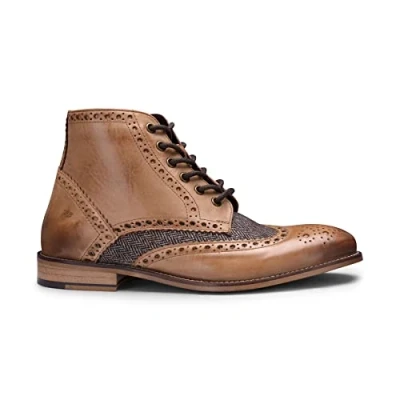 Image of Mens Real Leather Vintage Boots Brogues 1920s Suede Tweed Laced Shoes Smart Formal Tan 8