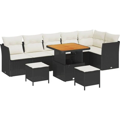 Image of vidaXL 9 Piece Garden Sofa Set with Cushions Black Poly Rattan Acacia