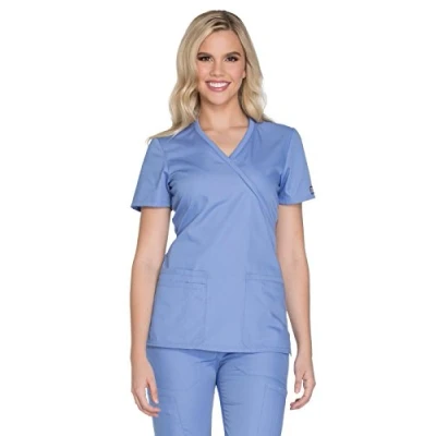 Image of Cherokee Women&#039;s Workwear Core Stretch Mock Wrap Scrubs Shirt Medical, Ciel, L