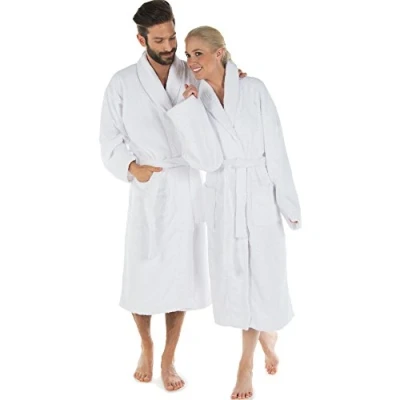 Image of CelinaTex Oregon Bathrobe, Shawl Collar, Plain, Long, Patched Pockets, Piping, Women, Men, Unisex, 100% Cotton, White, Small