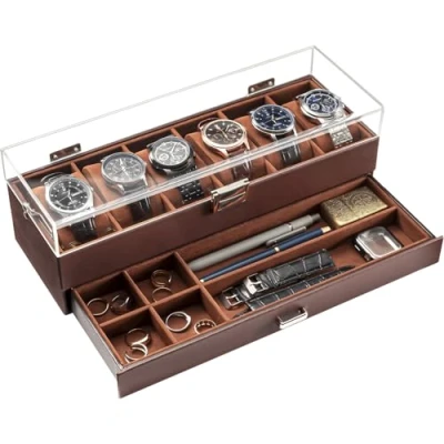 Image of ProCase Watch Case for Men, 6 Slot Display With Clear Acrylic Lid, Mens Box Organizer Drawer, 2 Layer Jewelry and Storage Holder Gift Men Women Slot, Espresso