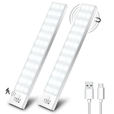 Image of OUILA 36 LED Under Cabinet Lights, 5000K Motion Sensor Cupboard Light Wireless USB Rechargeable 1000mAh Night with Magnetic Strip for Stairs, Wardrobe, Hallway, Kitchen, Garage 2 Packs