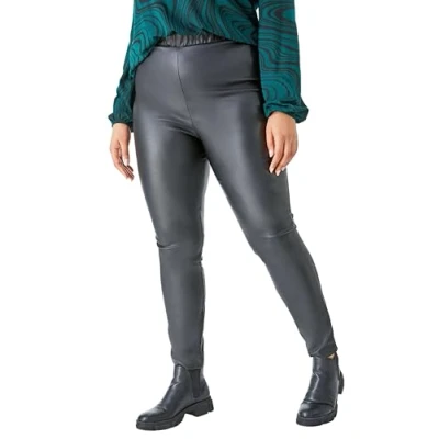 Image of Roman Originals Faux Leather Trousers for Women UK Ladies PU Mat Legging Jegging Pants High Waisted Pull On Waterproof Wet Latex Imitation Stretchy Jeans Tight Slimming Plus Black Size 18