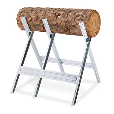 Image of Relaxdays Sawhorse, Wood Sawing, 150 kg, Work Bench Chainsaws, Firewood, Sturdy Steel, HxWxD 81 x 75.5 cm, Silver, 100%