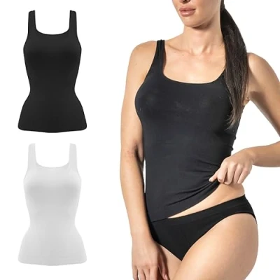 Image of Risalti Tank Tops Women Bamboo Seamless 2Pcs Womens Vest Tops, Ladies Summer Clothes Made in Italy Black Gray