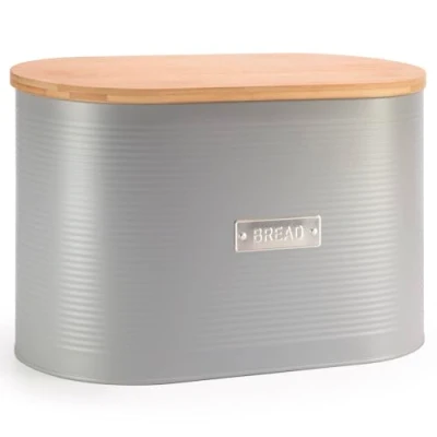 Image of EHC Space Saving Extra Large Bread Box Bin With Wood Lid For Kitchen Storage, Grey, 8 L, L 34 x W18 H21cm