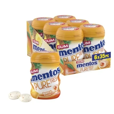 Image of Mentos Pure Fresh Tropical Chewing Gum 35 Pieces Sugar Free, Refreshing, Flavor, Gluten with Xylitol, 90 g (Pack of 6)