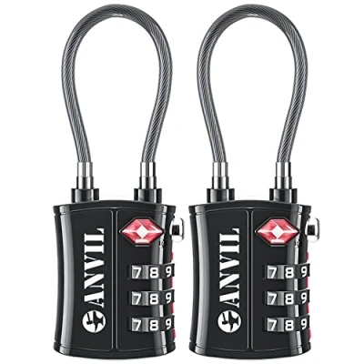 Image of ANVIL TSA Approved Cable Luggage Locks 3 Digit Combination Padlock with Zinc Alloy Steel Lock Ideal for Travel Suitcase, Backpack, Lockers,Case,Toolbox (Black 2 Pack)