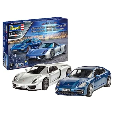Image of Revell Gift Set 05681 Porsche 918 Spyder &amp; Panamera 1:24 Scale Unbuilt Plastic Model Kits with Contacta Professional Glue, Paintbrush Selected Aqua Color Paints