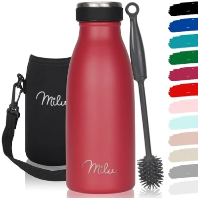 Image of Milu Stainless Steel Drinking Bottle 350ml 500ml 750ml 1L 1,5L Thermo Bottle, Insulated Water Leak Proof Double Walled, Carbonated incl. Cleaning Brush (Red, 350ml)