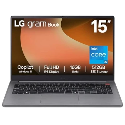Image of LG gram Book 15U50T 15.6 inch Ultra Lightweight Laptop, Intel Core i5 Processor, 16GB RAM, 512GB SSD, Copilot, HD Webcam with Privacy shutter, Windows 11 Home (Titan Silver)