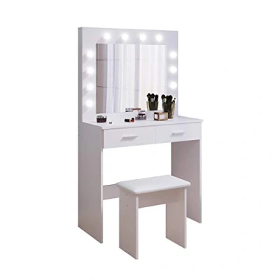 Image of Jooli H White Dressing Table Set with Hollywood LED Lights Mirror, Vanity Makeup 2 Large Drawers and Stool
