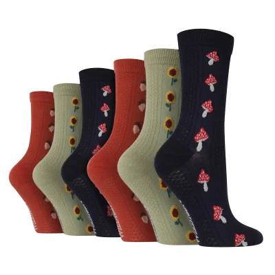 Image of WILDFEET 6 Pair Multipack Ladies Autumn Socks Cute Novelty Design Knitted Boot (4 8, Mushroom)