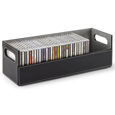 Image of Stock Your Home CD Storage Box, Organizer Shelf for Movie Cases, DVDs, Cassette Tape Display Stand, Disc Holder Can Store Up to 40 CDs, Faux Leather (Black)