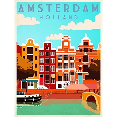 Image of Wee Blue Coo Travel Tourism Amsterdam Holland Netherlands Canal Boat Houses Art Print Poster Wall Decor 12X16 Inch