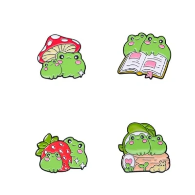 Image of sunruchao 4Pcs Cartoon Couple Frog Lapel Enamel Pin Cute Mushroom Strawberry Book Brooches Animal Funny Lover Badge Bags Clothing Jewelry Accessories Gifts