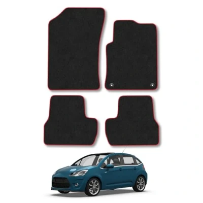Image of Car Mats Compatible with Citroen C3 (2010 2017) Tailored Fit Red Carpet Floor Set Accessory Custom 4 Pieces Anti Slip Backing &amp; Binding Trim Edge