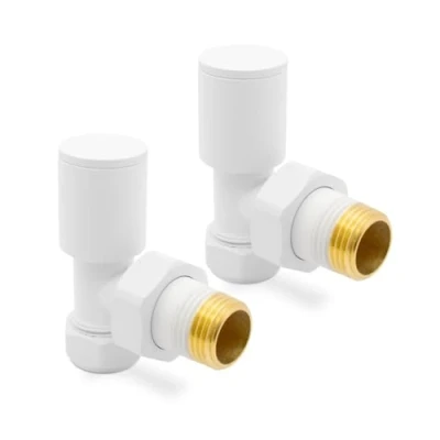 Image of Matt White Angled Modern Standard Rounded Radiator Towel Rail Valves Central Heating (Pair) 1/2&quot; BSP
