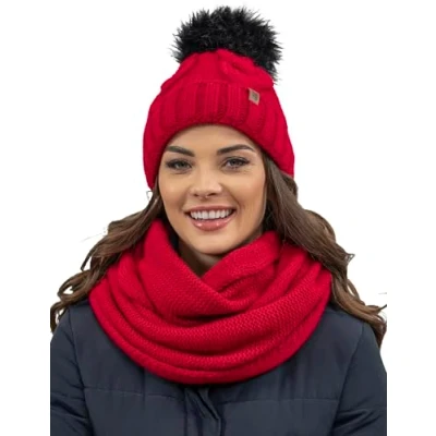 Image of Vivisence Stylish Women&#039;s Winter Set Including Pompom Hat and Cozy Snood Scarf Made from Soft Warm Fabric Smooth Fleece Lining Ideal for Cold Days, Red,UNI