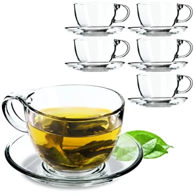 Image of KADAX Glass Cup with Saucer, 200 ml/250 ml, Transparent Set, Tea Cup, Coffee Cups Saucer (Lea / 6 Pieces)