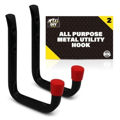 Image of SOL 2pk All Purpose Metal Utility Hook Heavy Duty Wall Mounted Hooks for Secure Storage Ideal Hanging Garden Tools, Bicycles, Ladders &amp; DIY Equipment in Sheds, Garages Workshops