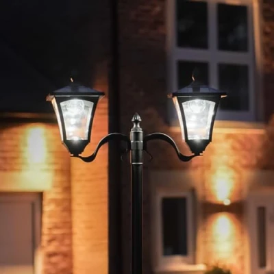 Image of Festive Lights 2.1m 7ft Large Black Twin Head Solar Powered Victoran Style Security Lamp Post Traditional White LED Filament Outdoor Garden Decorative Lighting