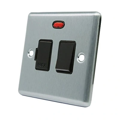 Image of AET CSCSFNBL Satin Chrome Classical Spur w Black Insert Plastic Rocker Switch 13 Amp Switched Fused Connection Unit with Neon Indicator