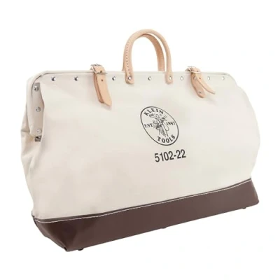 Image of Klein Tools 5102 22 Heavy Duty Natural Canvas Tool Bag, Tote, Multi Purpose Bag with Wide Hinged Opening and Leather Handles, Inch