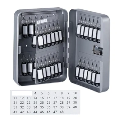 Image of Relaxdays Box, Wall Cabinet, Combination Lock, 48 Hooks, with Key Rings, HWD: 25 x 18 7.5 cm, Cash Safe Grey, Iron