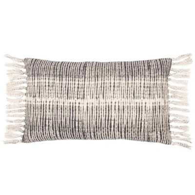 Image of Yard Sono Ink Abstract Fringed Feather Filled Cushion Black Polycotton Size 40 cm x 60
