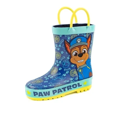 Image of Paw Patrol Boys Wellies Blue Rain Wellington Boots for Kids Chase the Rescue Pup Cartoon Police Dog Fun Toddlers Water Resistant Walking Shoes with Pull Handles Merchandise Gift Children