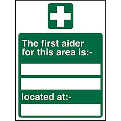 Image of Seco The First Aider for This Area is/Located at Sign, 150mm x 200mm 1mm Semi Rigid Plastic