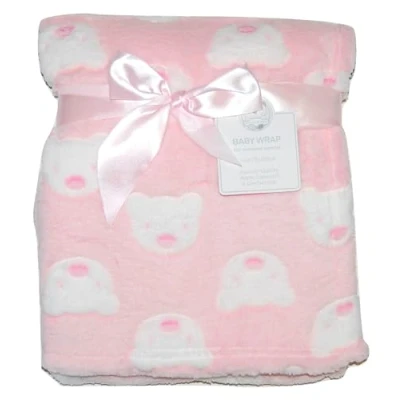 Image of KAV Baby Boy Girl Soft Fleece Wrap Blanket Adorable Teddy Pattern 75x100cm for Pram, Cot, Crib, Moses Basket Super &amp; Lightweight Newborn Babies (Pink)