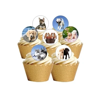 Image of 24 Precut Cute Dogs and Puppies Edible Wafer Paper Cake Toppers Decorations