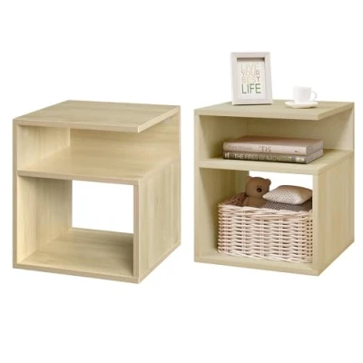 Image of EUGAD Bedside Table Nightstand Modern Cabinet with 2 Open Compartments, Coffee for Living Room Side Storage, Small Bookcase Light Oak Sofa Table, 35x35x41cm, Set