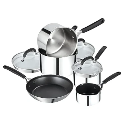 Image of Prestige Made To Last Stainless Steel Pan Set Non Stick 5 Piece Induction with Frying Pan, Milk &amp; of 3 Saucepans Straining Lids, Durable Dishwasher Safe Cookware