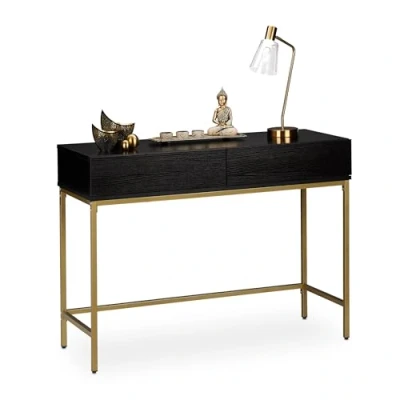 Image of Relaxdays Console Table, 2 Drawers, Wood Optic, H x W D: 80 110 40 cm, Black/Gold