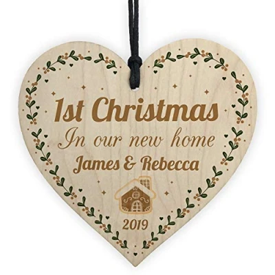 Image of RED OCEAN PERSONALISED First 1st New Home House/House Warming Gifts Christmas Tree Decoration Wooden Heart Bauble