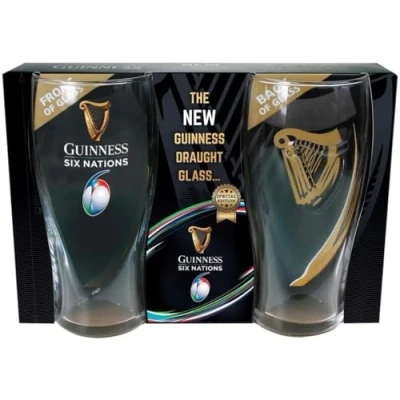 Image of Six Nations Guinness Logo Two Pack Pint Glass Set With Embossed Gold Harp