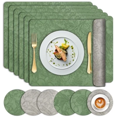 Image of Placemats and Coaster Sets 6, Dual Sided Leather Floral Table Mats 30x43 cm, Heat Resistant Non Slip Wipeable, Washable Two Color Kitchen Place for Home Dining Restaurant Hotel (Green Grey)