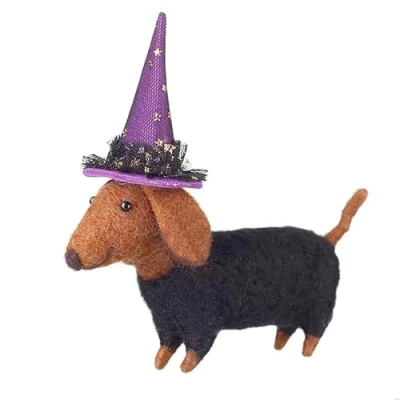 Image of Heaven Sends Felt Halloween Sausage Dog with Witch Hat Decoration Brown 14cm x 12cm 5cm Themed Décor Perfect for Home, Kitchen, Living Room, Tabletop