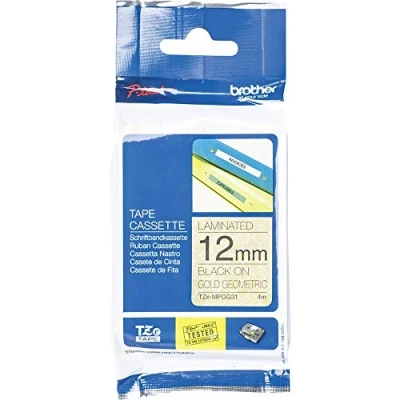 Image of Brother TZe MPGG31 Labelling Tape Cassette, Black on Gold Geometric, 12 mm (W) x 4 m (L), Laminated, Genuine Supplies