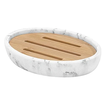 Image of Luxspire Soap Dish Tray, Resin Dish, Bamboo Bar Holder Box for Shower Kitchen Sink, Double Layer Draining Container Box, Wood Case, Bathroom Marble Pattern Gravel white