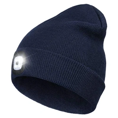 Image of Rechargeable LED Lighted Beanie, Perfect Dad Gifts in Christmas, Stocking Fillers Cap with Light Hands Free Head Torch Unisex Winter Warm Knit Beanie Navy Blue