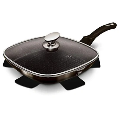 Image of URBN CHEF Non Stick Shiny Black Grill Griddle Frying Pan Steak Cooking Skillet with Lid