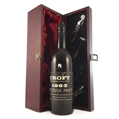 Image of Croft Vintage Port 1963 in a silk lined wooden box with four wine accessories, 1 x 750ml