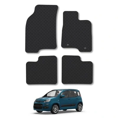 Image of Rubber Car Mats Compatible with Fiat Panda (2012 2015) Tailored Fit Floor Set Accessory Black Custom 4 Pieces Clips Anti Slip Backing, Heavy Duty &amp; Waterproof