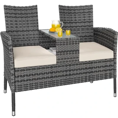 Image of CASARIA® 2 Seater Polyrattan Garden Bench Including Table And Cushions 143x55x88cm 320kg Capacity Weatherproof Loveseat Patio Balcony Furniture Outdoor Cinema Seat Grey