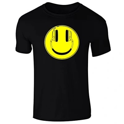 Image of Mens Headphones Happy Smile Face DJ Rave Bass Music T Shirt Black (L)